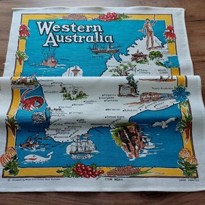 Vintage Western Australia Hand printed souvenir tea towel, Vintage collectible tea towel , Vintage Australia tea towel , dish towel (EB)