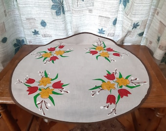 Round tablecloth Scandinavian Vintage print Cotton - Linen floral Beige Yellow red green tablecloth Vintage round tablecloth round table (8)