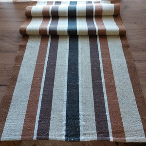 Linnen tafelloper, vintage geweven tafelblad, tafeldressing, bruinbeige strepen vintage beddengoed, tafellinnen (E10)