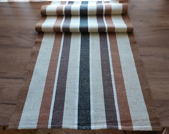 Linen table runner, vintage woven table topper, table dressing , brown beige stripes vintage linens, table linens (E10)