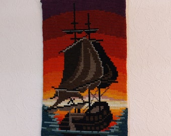 Vintage Handmade wool wall hanging, Ship tapestry, vintage tapestry, Scandinavian wall art, Design decor, Wool wall art,Sea theme (-)