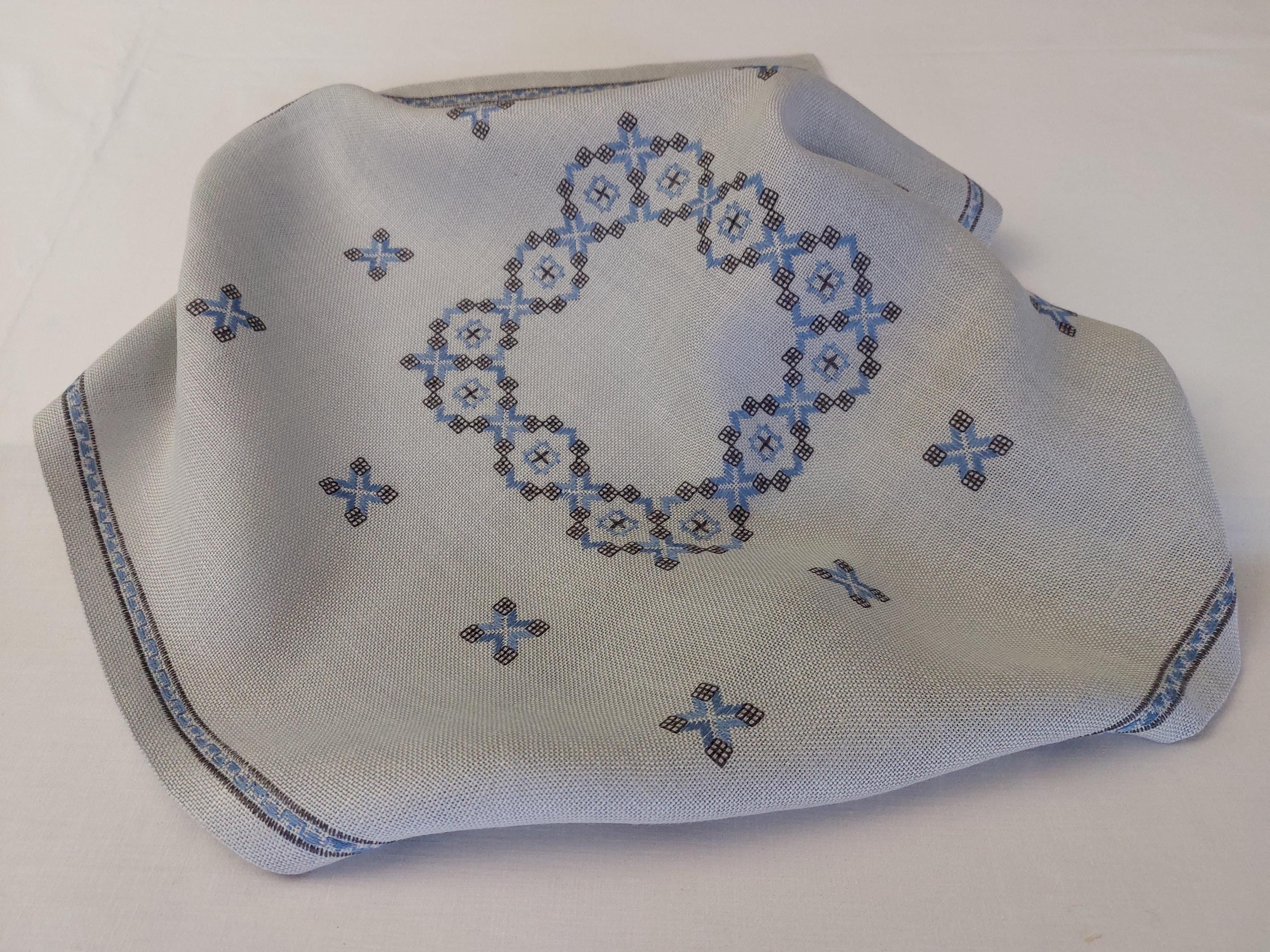 Swedish vintage cloth・* ② 120×130 Vintage Tablecloth , Scandinavian Hand Embroidered Light Blue With