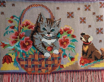 Vintage Hand Embroidered Wall Hanging, Scandinavian Cat and Dog Tapestry (-)