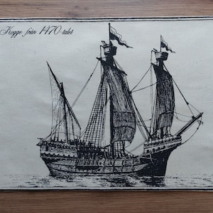 Vintage Sweden collectible printed ship on linen fabric wall hanging, rare prints wall hanging, Ships wall hanging, Ships painting (E10)