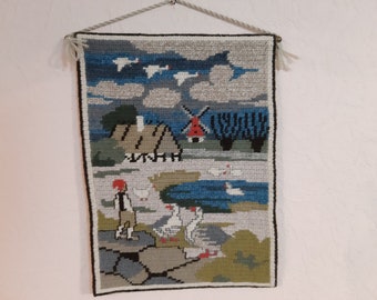 Vintage cross stitch embroidery Linen - wool wall hanging tapestry knit , farmhouse tapestry , country style tapestry knit wall decor (E3)
