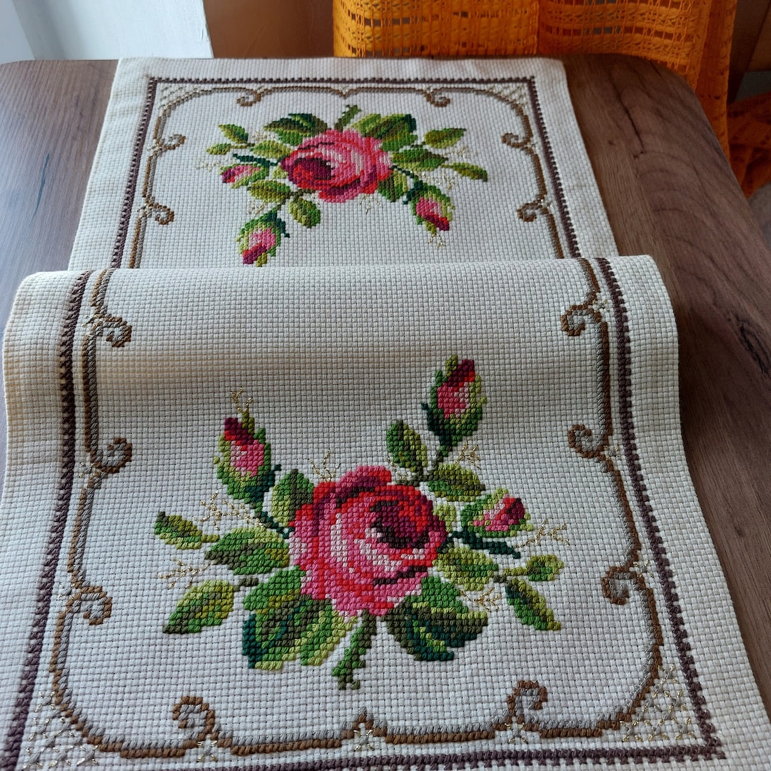 Vintage Rose Cross Stitch Table Runner, Hand Embroidered Linen