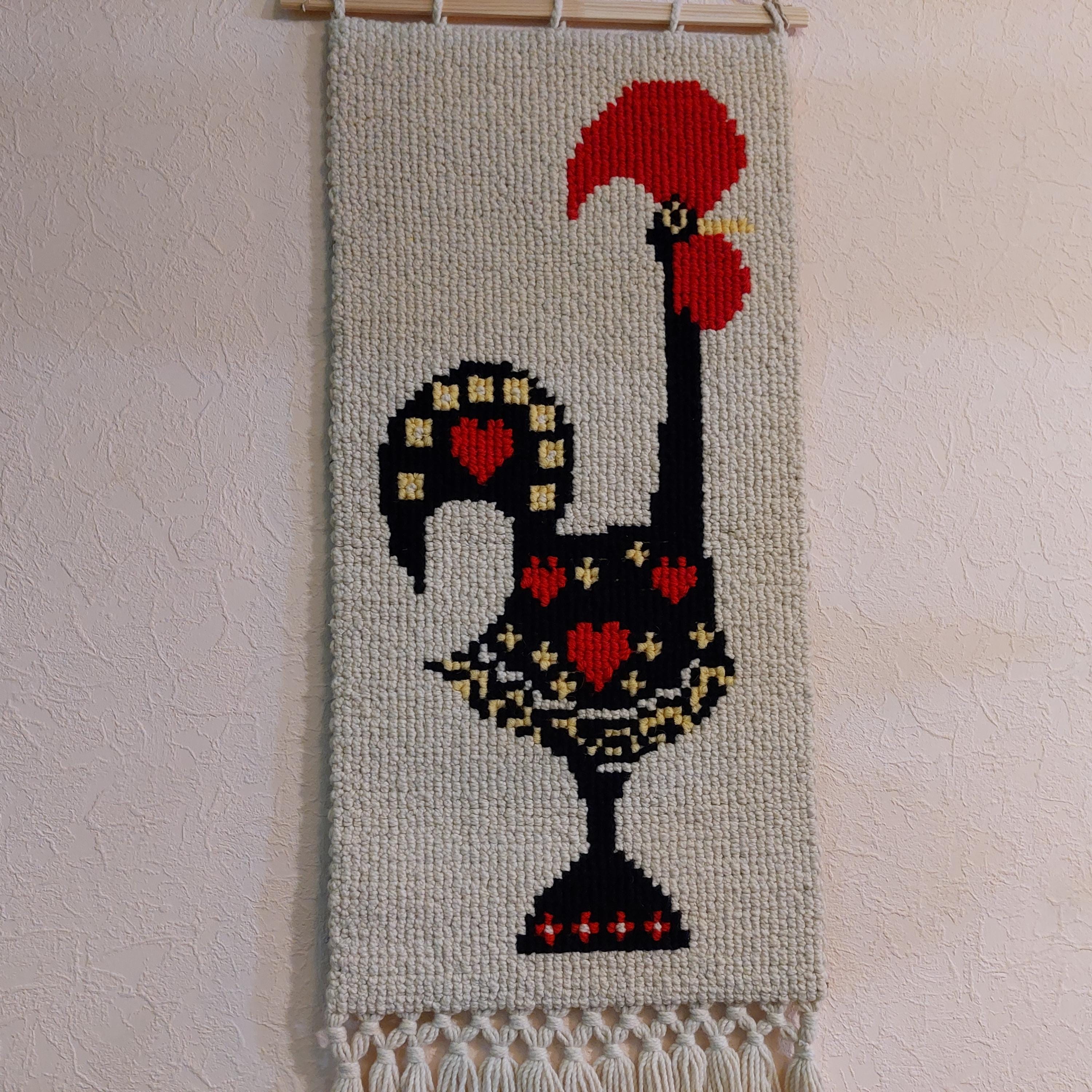 Tenture Murale Vintage En Tissage - Coq De Ferme - Fabriqué à La Main (USA)