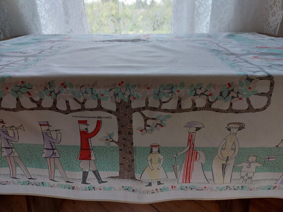 Vintage Swedish Collectible Printed Cotton Tablecloth, Vintage