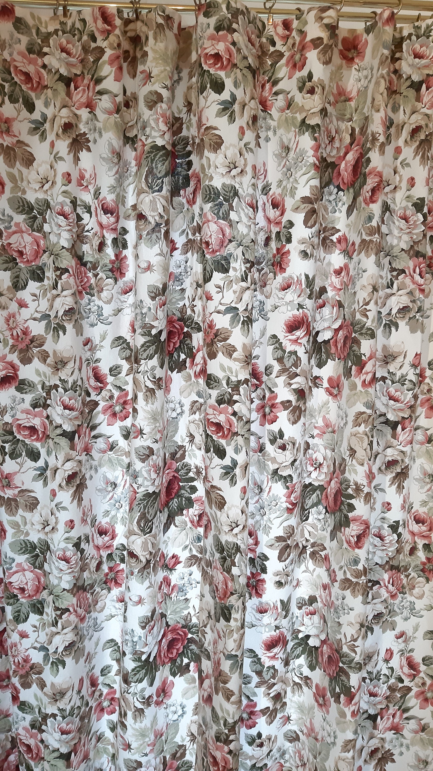 2 Pieces Large Floral white pink roses Cotton print curtains Etsy