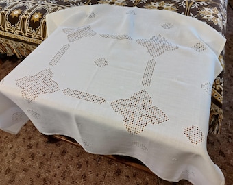 Nappe en lin carrée scandinave vintage ajourée faite main, nappe blanche rétro, nappe de cuisine vintage (P1)