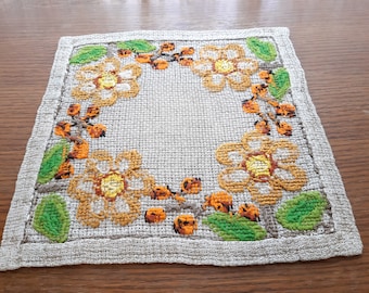 Vintage Floral Cross Stitch Linen Table Mat, Scandinavian Decor (E9)