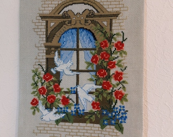 Beautiful cross stitch hand embroidered vintage tapestry, Scandinavian tapestry, vintage wall hanging, Housewarming (-)