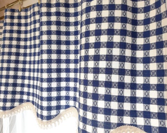 Set of 2 Vintage Woven crochet cotton Valance curtains , Scandinavian valance Retro Cotton Square Blue White  Kitchen Valance curtains (E7)