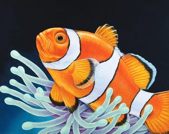 カクレクマノミの油絵：オリジナルインパスト海洋アート（10x10インチ