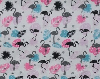 Baumwoll-Jersey "Flamingos & Federn", mit Größenetikett wählbar, Meterware von 30 - 150cm erhältlich, Bündchen auf Anfrage