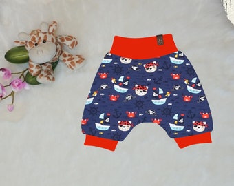 Capri- oder Kurze Pumphose, Sommerhose für Jungen Gr.52-116, in Dunkelblau mit "Teddy-Piraten & Maritimen Symbolen + Bündchen (wählbar)