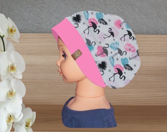 Leichte Sommerbeanie-Mütze "Flamingos & Federn" + Bündchen, für Mädchen, 1-lagige Übergangsmütze, Größe KU 40 bis 57 cm