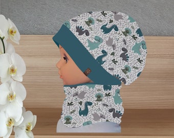 Set aus Beanie-Mütze mit Loop-Schal, Jungen, Dinos in Petrol-Grauen Farben, mit und ohne Bündchen wählbar (weitere Farben zur Auswahl)