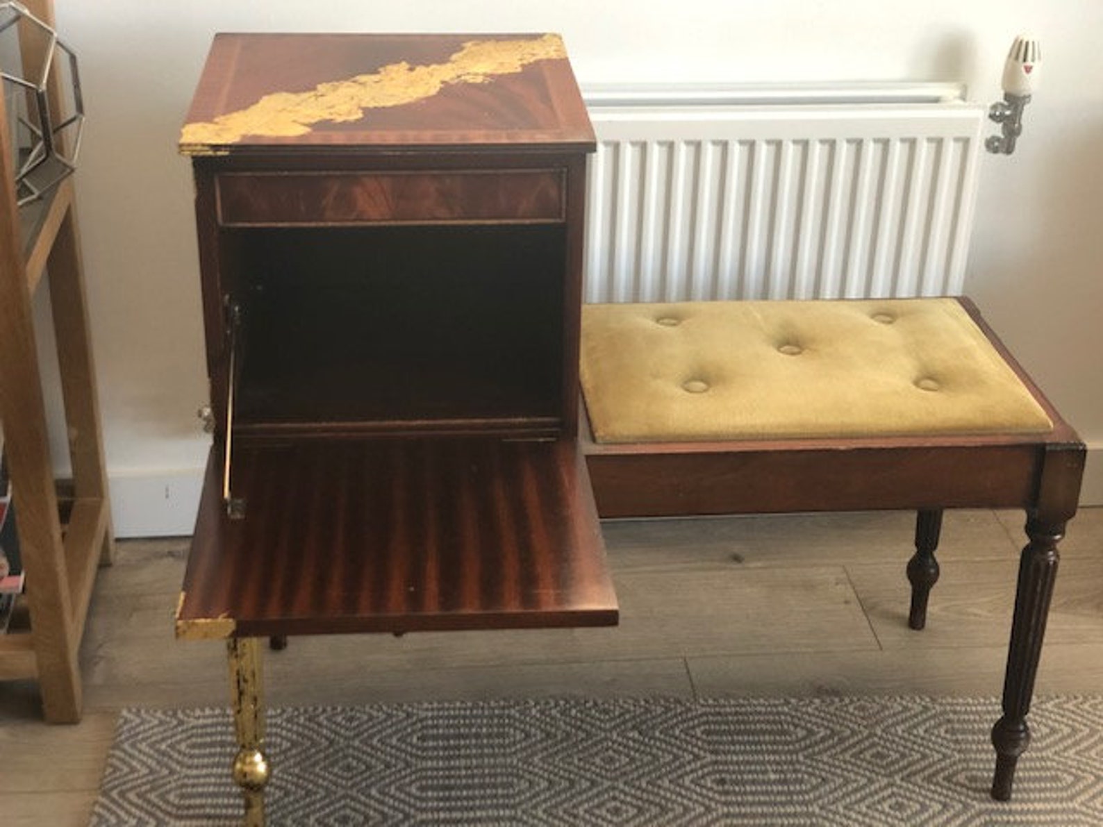 Vintage Telephone Table mahogany wood green button seat gold Etsy