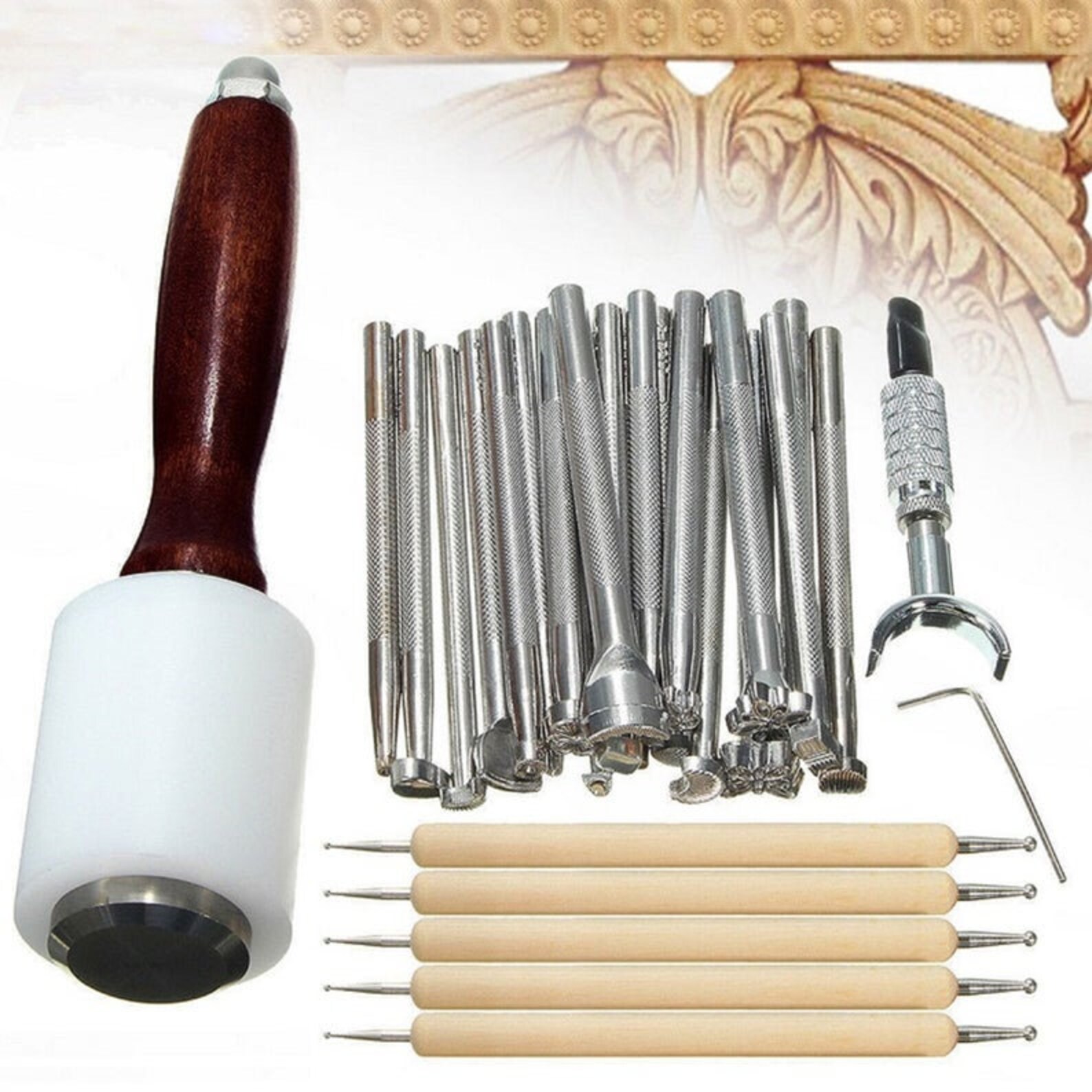 Leather Carving Tools Kit Set DIY Craft Stamps Embossing Hammer Design Marking Saddle Beveler