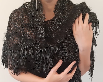 Shawl 100% handmade wool yarn, Glam shawl, sparkly wrap for do, event wear, black and silver, wear to a party, Oversized Knitted Scarf
