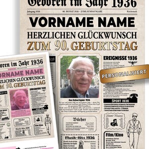 Op de afbeelding: Een gepersonaliseerde krantenposter getiteld Geboren im Jahr 1936, met een tijdelijke aanduiding voor een naam en foto, ter ere van een 90e verjaardag. De lay-out bevat historische feiten uit 1936, secties voor boeken, muziek en film, gedrukt op een beige achtergrond in vintage-stijl.