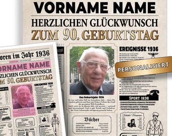 May include: A personalized newspaper poster titled Geboren im Jahr 1936, featuring a placeholder for a name and photo, celebrating a 90th birthday. The layout includes historical facts from 1936, sections for books, music hits, and cinema, all printed on a vintage-style beige paper background.