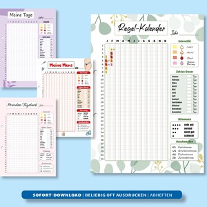 Könnte beinhalten: Eine Sammlung druckbarer Perioden-Tracker und ein Menstruationszyklus-Kalender. Die Seiten enthalten Raster zur Verfolgung der Zyklen, mit farbcodierten Symbolen für Intensität und Stimmung. Die Designs beinhalten florale und botanische Elemente, mit deutschem Text.