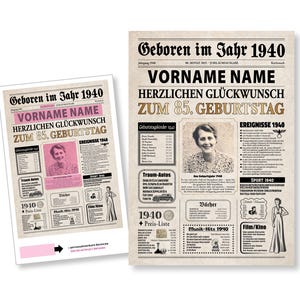 Geburtstagszeitung 85. Geburtstag Zeitung 1940 Geschenk Geburtstagsgeschenk Poster Jubiläum personalisiert individuell PDF Download Druck