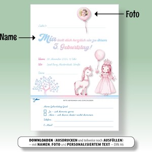 Einladung Kindergeburtstag Geburtstagseinladung Karte Kind Geburtstagsparty Feier Party personalisiert Prinzessin Einhorn Mädchen Foto PDF