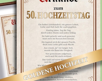 Può includere: Un certificato rettangolare per un 50° anniversario di matrimonio con sfondo color crema, bordo dorato e decorazioni. Il testo recita Urkunde zum 50. HOCHZEITSTAG, seguito da una poesia in tedesco e dalle parole GOLDENE HOCHZEIT.