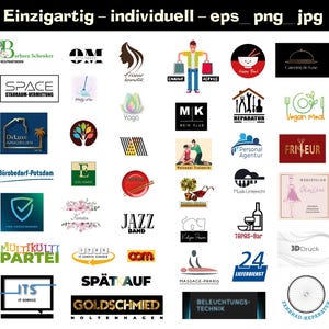 Könnte beinhalten: Eine Sammlung bunter Logos für verschiedene Unternehmen, darunter ein Yoga-Studio, ein Weinklub, ein Catering-Service, ein Immobilienunternehmen, ein Friseursalon, eine Musikschule, eine Boutique, ein Partybedarf-Geschäft, ein Massagetherapeut, ein Fahrrad-Reparaturgeschäft und vieles mehr.