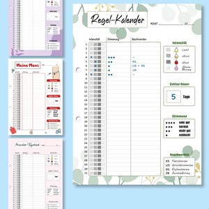 May include: A set of four printable menstrual cycle tracking sheets featuring columns for intensity, mood, and symptoms. Each page includes a monthly calendar grid numbered 1 to 31, a color-coded legend for flow intensity, and sections to record cycle duration and daily physical well-being.