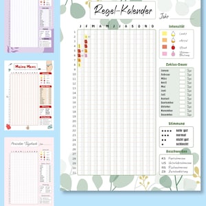 May include: A menstrual cycle tracking sheet titled Regel-Kalender with a grid for days and months, featuring sections for intensity, cycle duration, mood, and symptoms, decorated with a light green and white botanical leaf pattern.