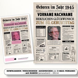 Geburtstagszeitung 80. Geburtstag Zeitung 1945 Geschenk Geburtstagsgeschenk Poster Jubiläum personalisiert individuell PDF Download Druck