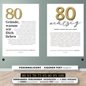 May include: A printable 80th birthday card with gold glitter numbers and text that says "80 Gründe, warum wir Dich lieben" and "80 achtzig GRÜNDE, WARUM WIR DICH LIEBEN". The card is personalised with a space for a name and a message.