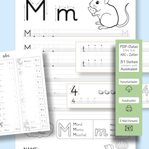 以下が含まれることがあります： 文字M、ネズミのイラスト、なぞり書き用の線が描かれた白黒の学習用ワークシート。小さなアルファベット表と、PDF-Datei、DIN A4、Ausmalenなどのドイツ語テキストが記載された緑色のサイドバーが重ねて配置されています。