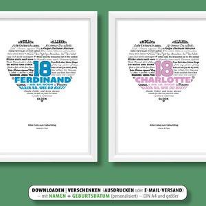 18 cumpleaños niña niño regalo felicitaciones nombre fecha de nacimiento cartel tarjeta DIN A4 corazón personalizado PDF descargar personalizado