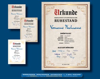 Certificate Gift Retirement Pensioner Pension Colleagues Employees Signatures Reminder Poster Name PDF Company Office