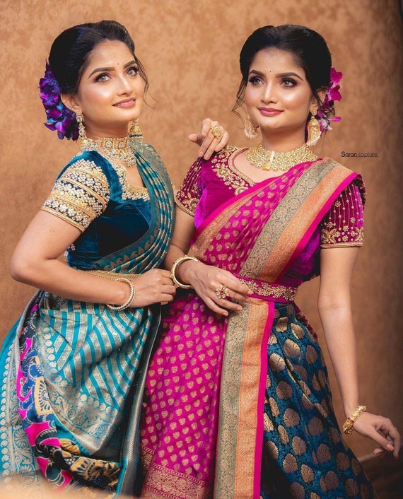 Blue Pink Kanchipuram Pure Silk Saree Soft Lichi Silk Etsy
