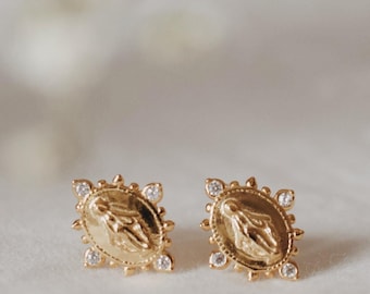18K Gold Vermeil Over Sterling Lady Lourdes Stud Earrings | Catholic Gift | Catholic Jewelry