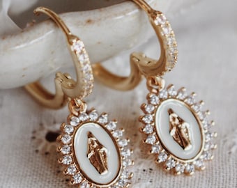 14K Gold Filled Our Lady Of Lourdes White Huggie Hoop Earrings | Catholic Gift