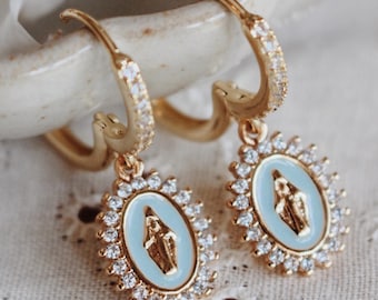 14K Gold Filled Our Lady Of Lourdes French Blue Huggie Hoop Earrings | Catholic Gift
