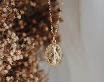 18K Gold Filled Dainty Oval Miraculous Medal Necklace | Catholic Jewelry