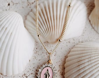 14K GF Our Lady Of Lourdes Pink Enamel Necklace with White Crystals