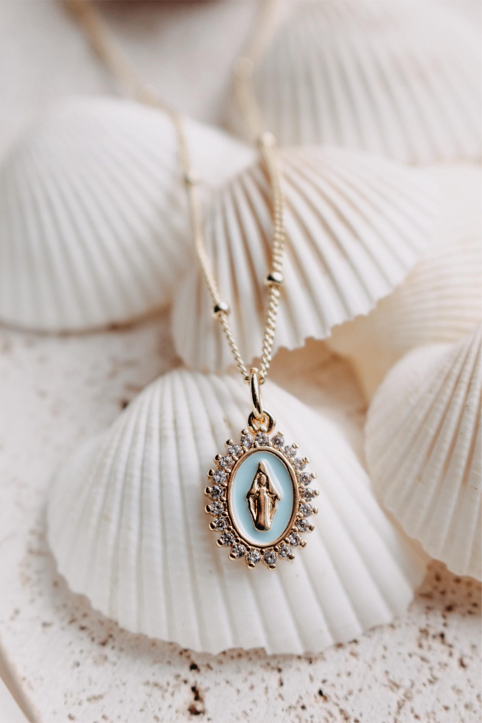 14K GF Our Lady of Lourdes French Blue Enamel Necklace With White ...