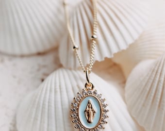 14K GF Our Lady Of Lourdes French Blue Enamel Necklace with White Crystals