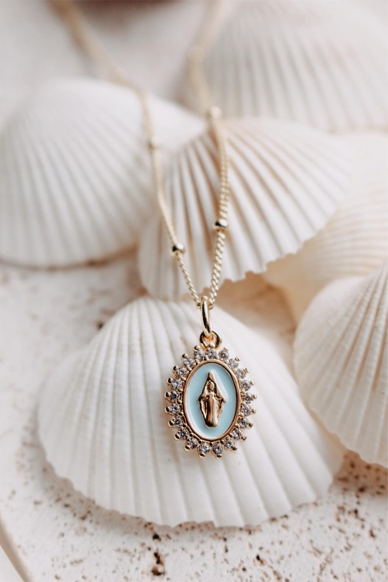 14K GF Our Lady of Lourdes French Blue Enamel Necklace With White ...