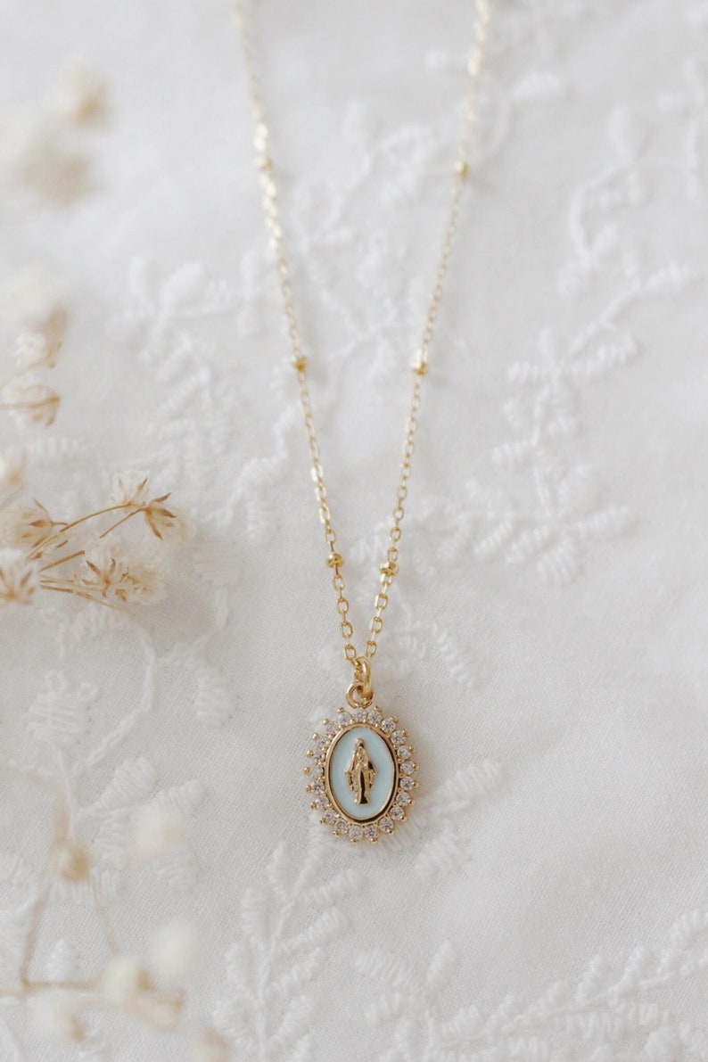 14K GF Our Lady of Lourdes French Blue Enamel Necklace With White ...