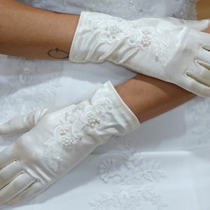 Ivory Satin Wedding Gloves: Embroidered Bridal Party Gloves
